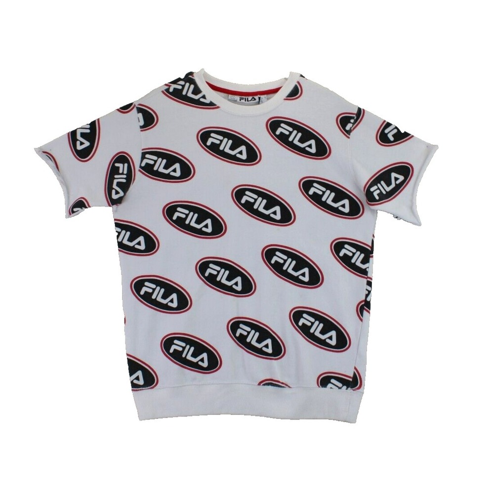 Fila All Over Logo Print White Short Sleeve Sweatshirt Men's Size L